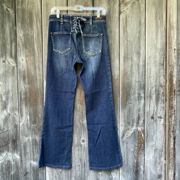 Pilcro Lace‑Up High Rise Flare Jeans Medium Wash Size 28 — 70s Boho Chic Anthro - Picture 3 of 16